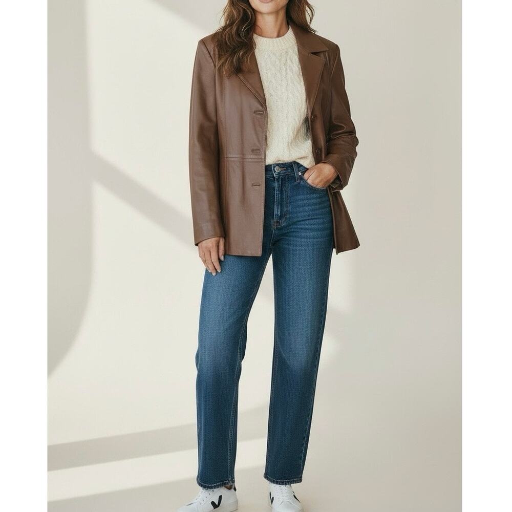 Dialogue Vtg Y2K Button-front Classic Leather Jacket Brown